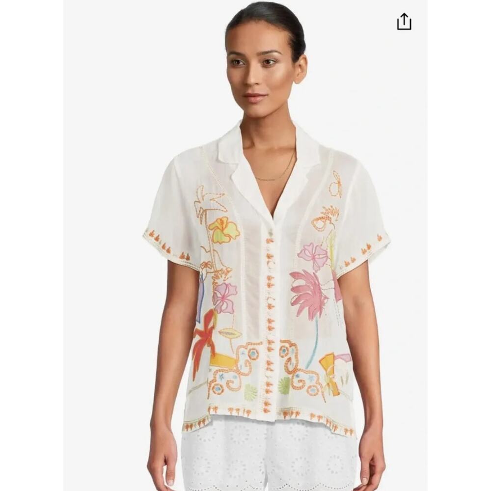 Johnny Was Piper Applique Shirt Embroidered Boho Button Front Sheer Blouse S NWT